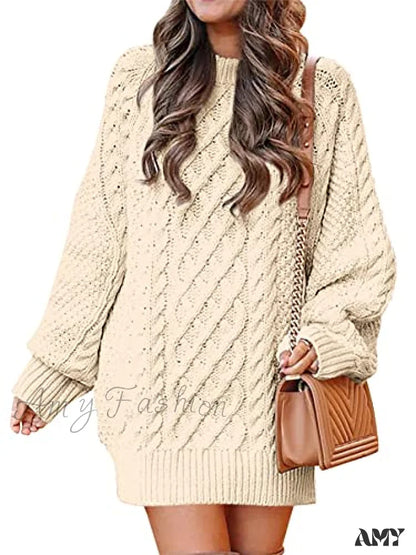 Amy Fashion - Women Long Sleeve Oversized Cable Knit Sweater Dress