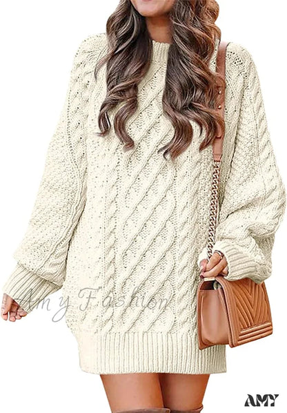 Amy Fashion - Women Long Sleeve Oversized Cable Knit Sweater Dress Beige / Large