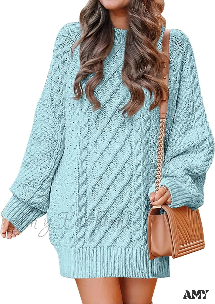 Amy Fashion - Women Long Sleeve Oversized Cable Knit Sweater Dress Blue / X-Large