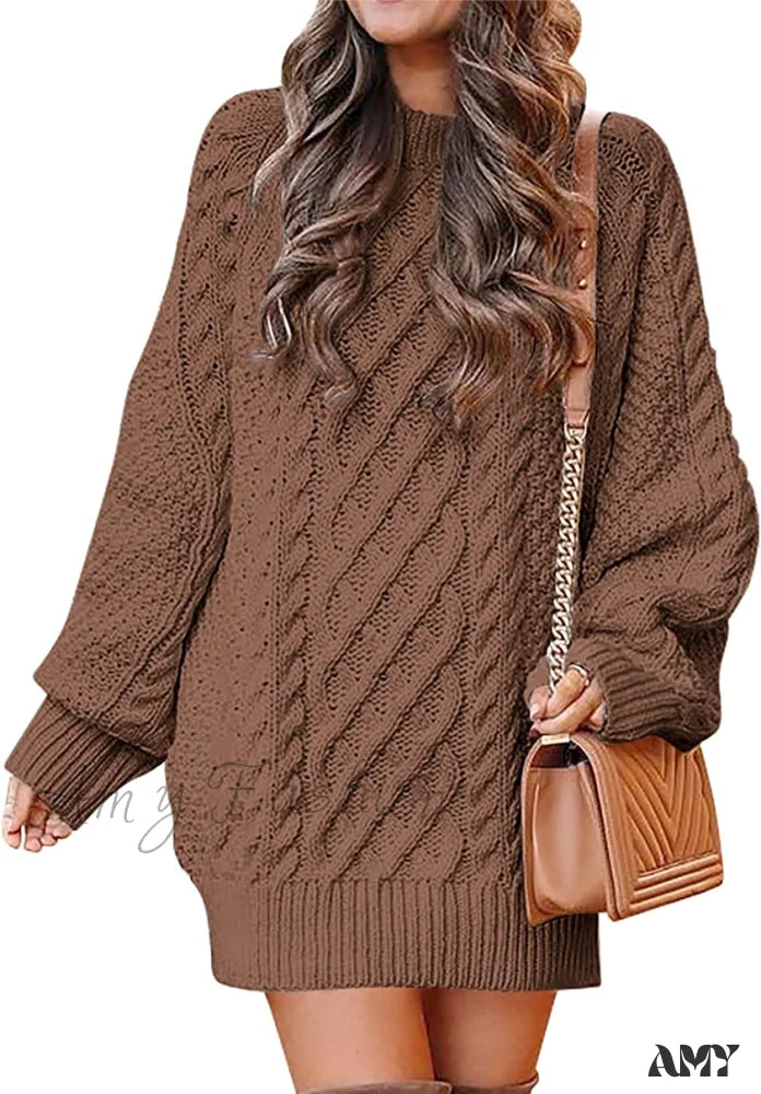 Amy Fashion - Women Long Sleeve Oversized Cable Knit Sweater Dress Brown / X-Large