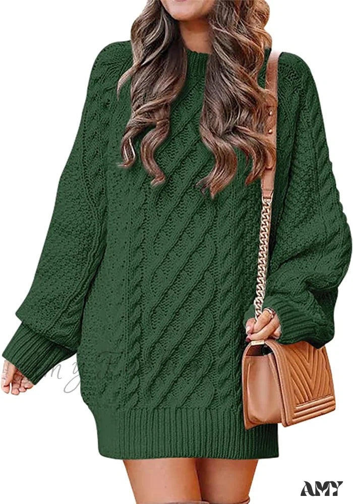 Amy Fashion - Women Long Sleeve Oversized Cable Knit Sweater Dress Green / X-Large