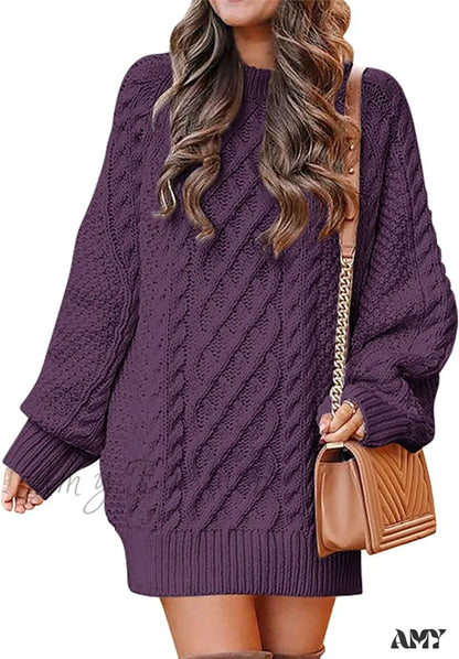 Amy Fashion - Women Long Sleeve Oversized Cable Knit Sweater Dress Purple / Large