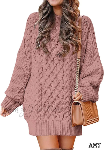 Amy Fashion - Women Long Sleeve Oversized Cable Knit Sweater Dress Red / X-Large