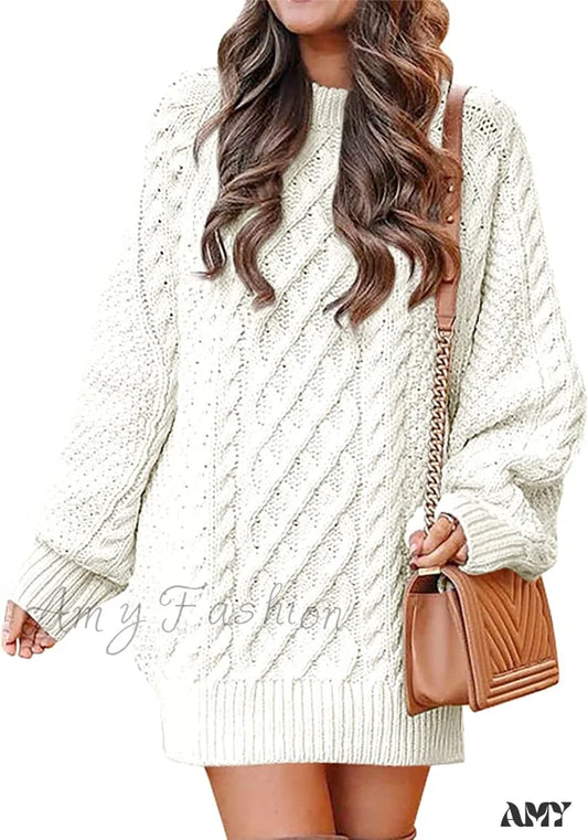 Amy Fashion - Women Long Sleeve Oversized Cable Knit Sweater Dress White / X-Large