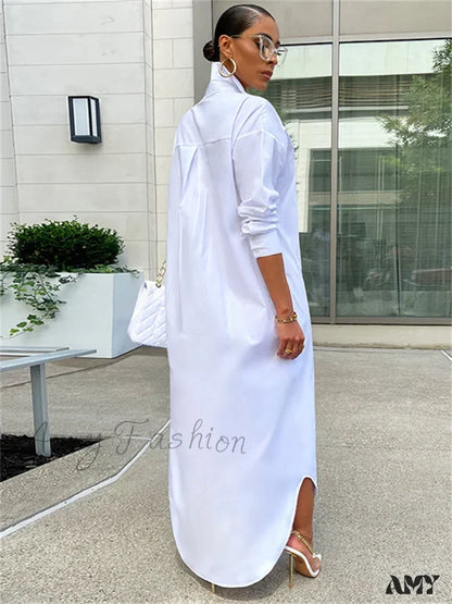 Amy Fashion - Women Loose Casual Kaftan Shirts Solid Sleeve Lapel Single-Breasted Female Vestidos