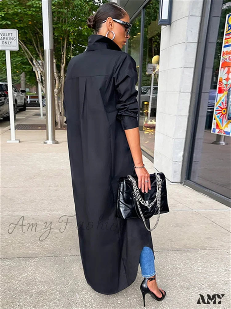 Amy Fashion - Women Loose Casual Kaftan Shirts Solid Sleeve Lapel Single-Breasted Female Vestidos