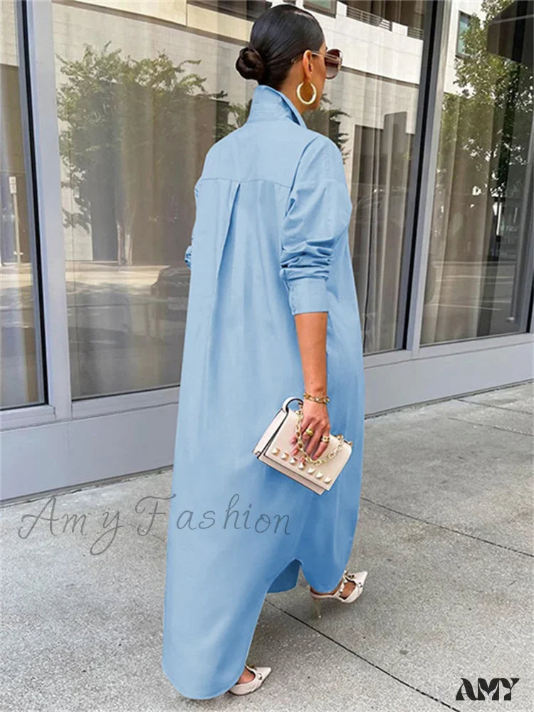 Amy Fashion - Women Loose Casual Kaftan Shirts Solid Sleeve Lapel Single-Breasted Female Vestidos