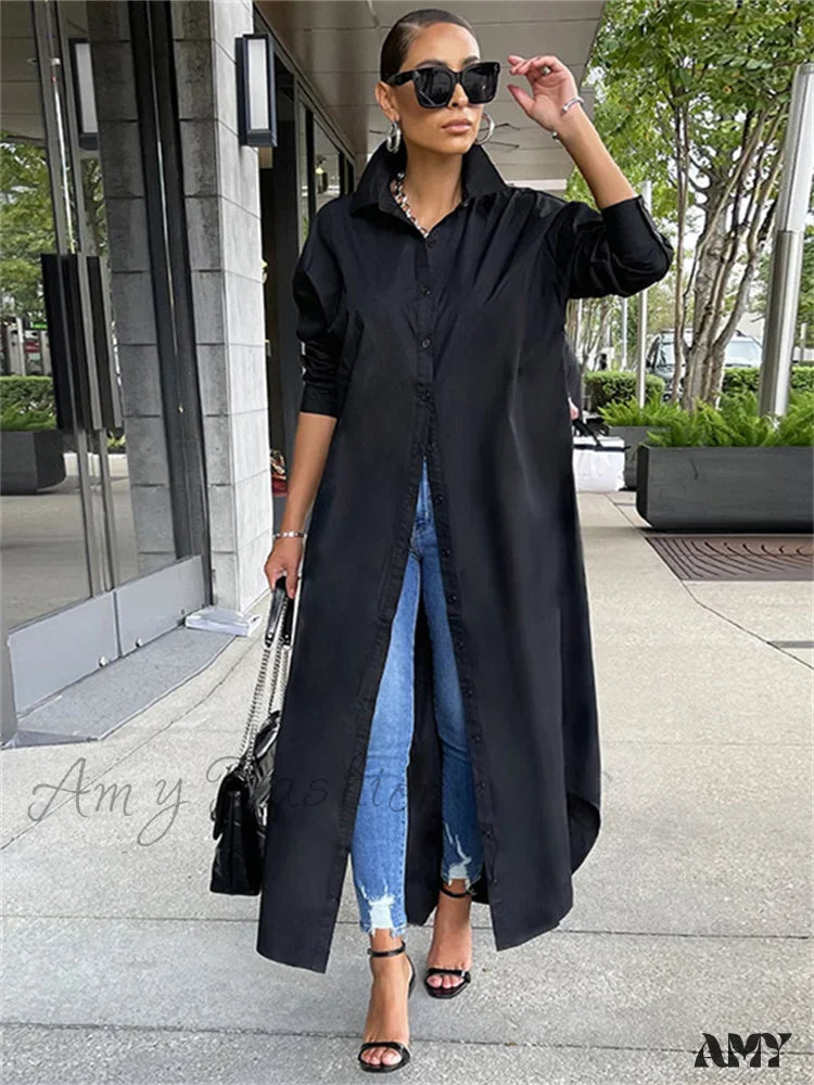 Amy Fashion - Women Loose Casual Kaftan Shirts Solid Sleeve Lapel Single-Breasted Female Vestidos