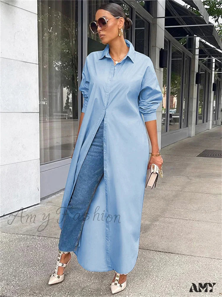 Amy Fashion - Women Loose Casual Kaftan Shirts Solid Sleeve Lapel Single-Breasted Female Vestidos