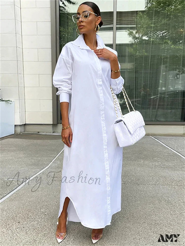 Amy Fashion - Women Loose Casual Kaftan Shirts Solid Sleeve Lapel Single-Breasted Female Vestidos