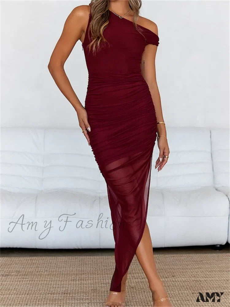 Amy Fashion - Women Mesh Off Shoulder Solid Color Asymmetrical Hem Sleeveless Ruched Bodycon Party