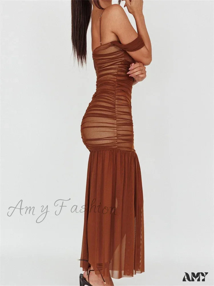 Amy Fashion - Women Mesh Sheer See Through Low Cut Off Shoulder Strap Backless Ruched Summer Party