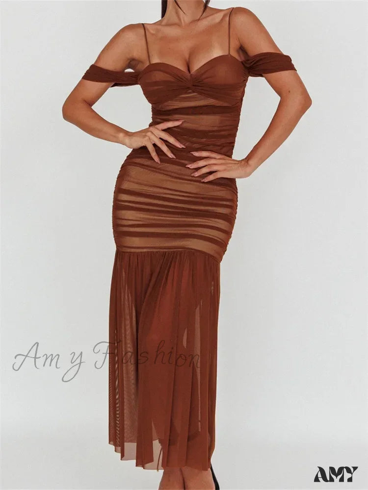 Amy Fashion - Women Mesh Sheer See Through Low Cut Off Shoulder Strap Backless Ruched Summer Party