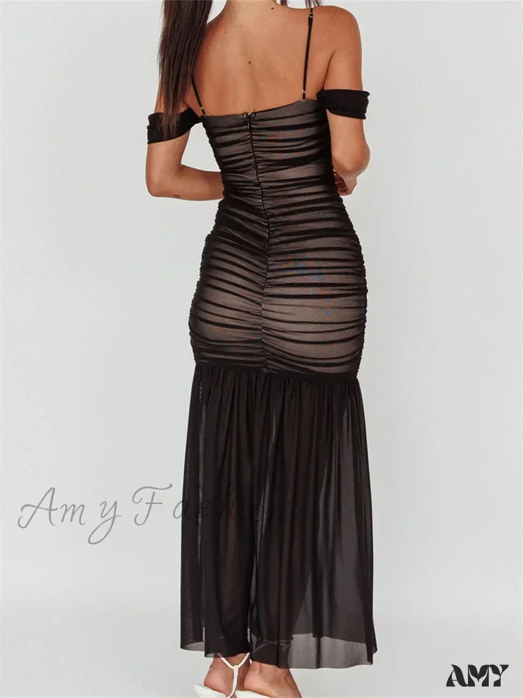 Amy Fashion - Women Mesh Sheer See Through Low Cut Off Shoulder Strap Backless Ruched Summer Party