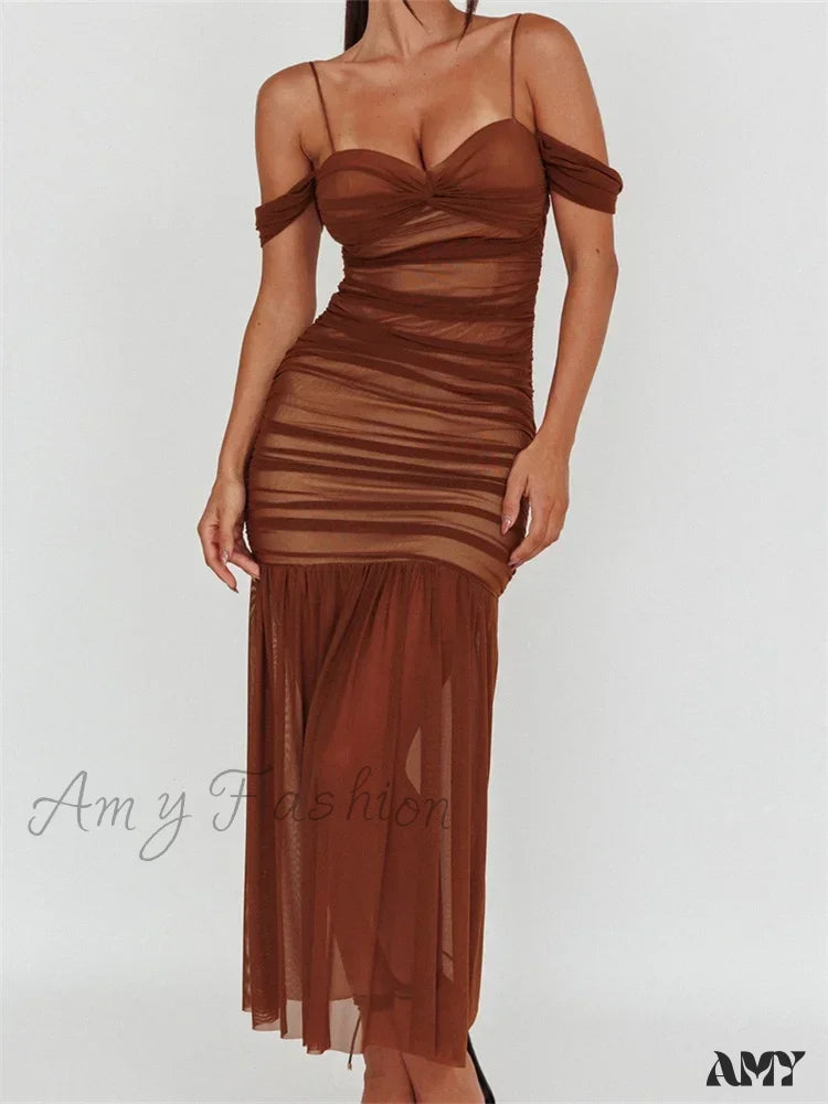 Amy Fashion - Women Mesh Sheer See Through Low Cut Off Shoulder Strap Backless Ruched Summer Party