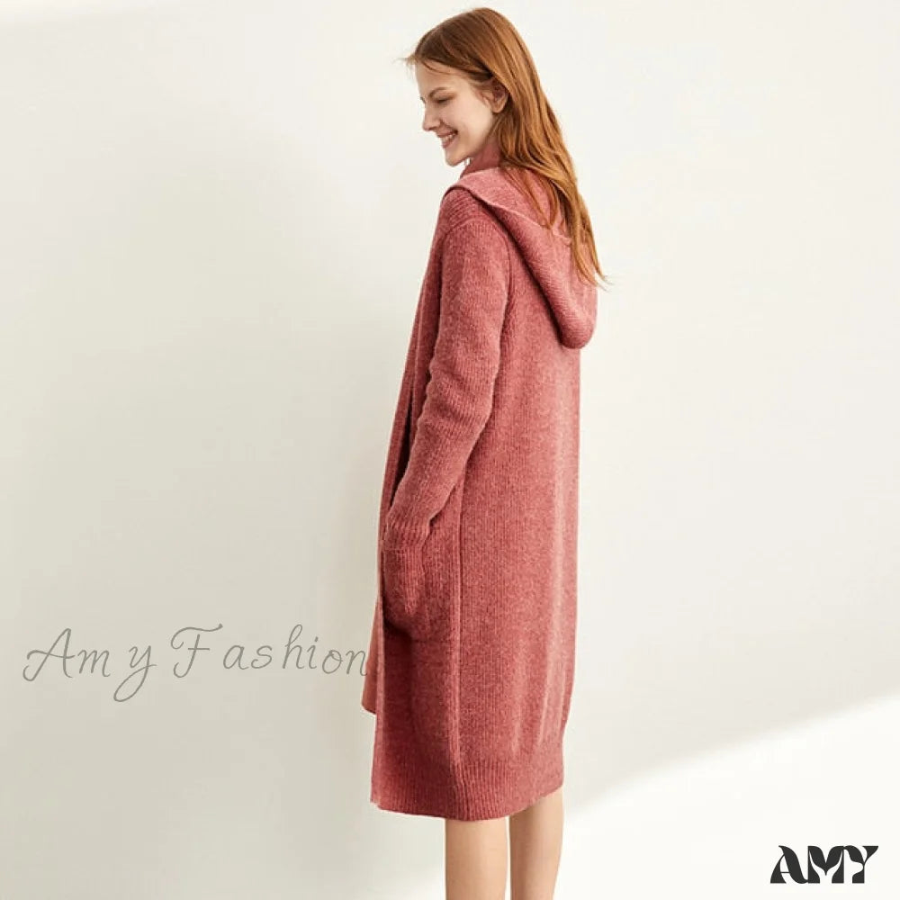 Amy Fashion - Women New Loose Hat Long Knitted Female Cardigan Red / L