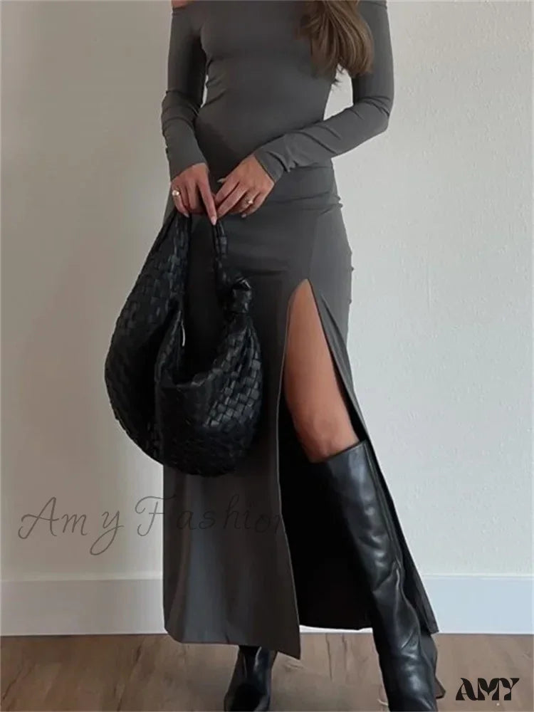 Amy Fashion - Women Off-Shoulder Solid Color Sleeve Side High Split Slim Fit Party Spring Fall