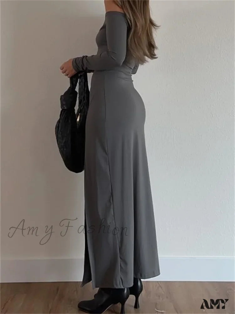 Amy Fashion - Women Off-Shoulder Solid Color Sleeve Side High Split Slim Fit Party Spring Fall