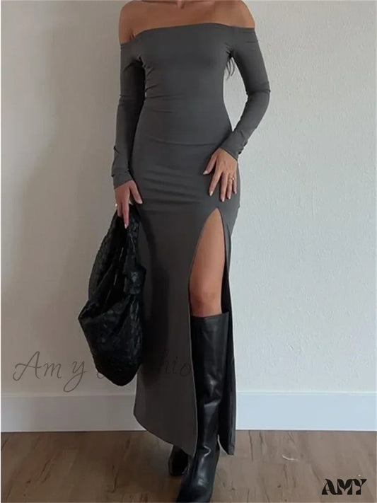 Amy Fashion - Women Off-Shoulder Solid Color Sleeve Side High Split Slim Fit Party Spring Fall