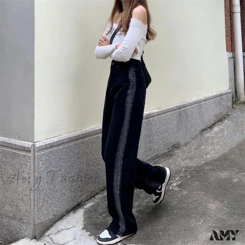 Amy Fashion - Women Pant Woman High Waist Denim Pants Wide Leg Clothing Blue Vintage Quality