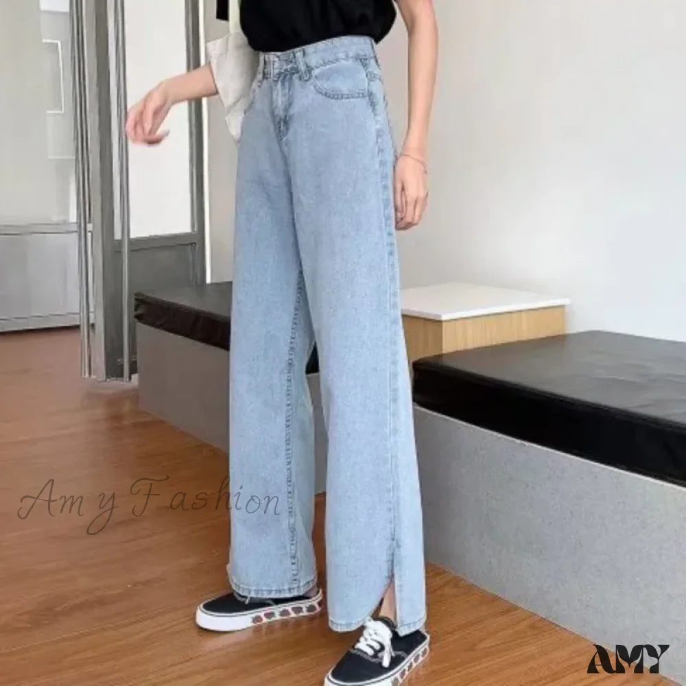 Amy Fashion - Women Pant Woman High Waist Denim Pants Wide Leg Clothing Blue Vintage Quality