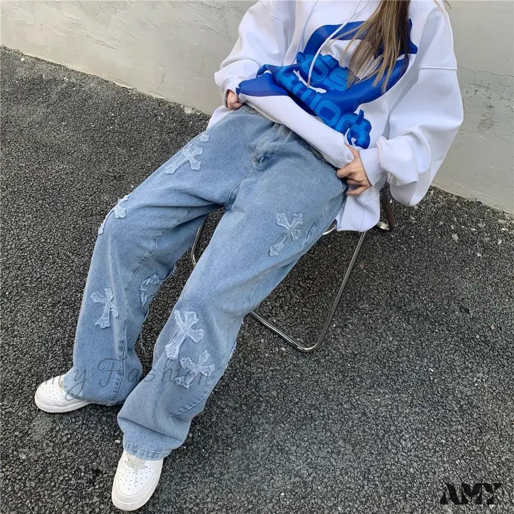 Amy Fashion - Women Pant Woman High Waist Denim Pants Wide Leg Clothing Blue Vintage Quality