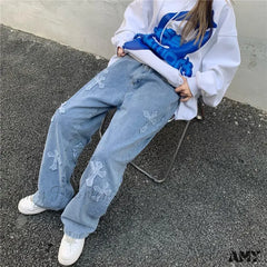 Amy Fashion - Women Pant Woman High Waist Denim Pants Wide Leg Clothing Blue Vintage Quality