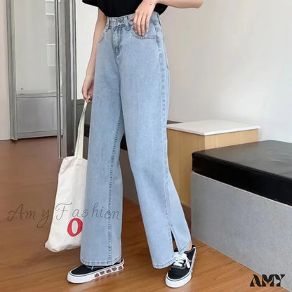 Amy Fashion - Women Pant Woman High Waist Denim Pants Wide Leg Clothing Blue Vintage Quality