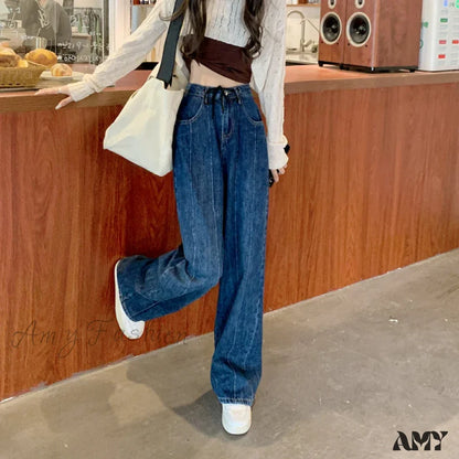 Amy Fashion - Women Pant Woman High Waist Denim Pants Wide Leg Clothing Blue Vintage Quality