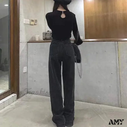 Amy Fashion - Women Pant Woman High Waist Denim Pants Wide Leg Clothing Blue Vintage Quality