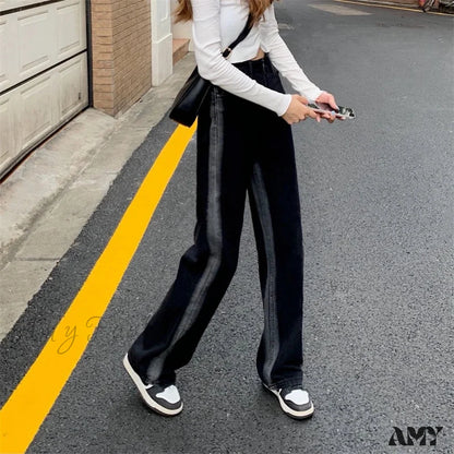 Amy Fashion - Women Pant Woman High Waist Denim Pants Wide Leg Clothing Blue Vintage Quality