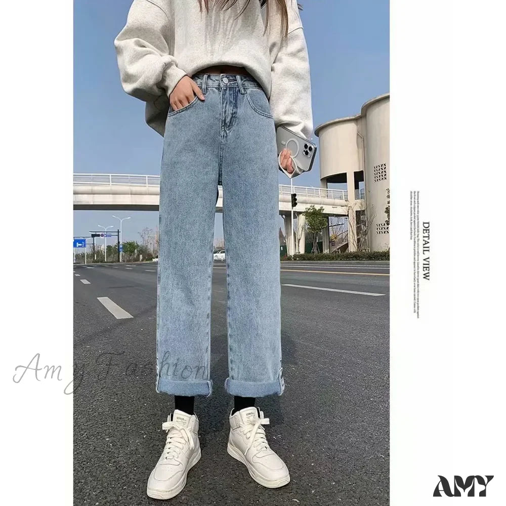 Amy Fashion - Women Pant Woman High Waist Denim Pants Wide Leg Clothing Blue Vintage Quality