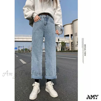 Amy Fashion - Women Pant Woman High Waist Denim Pants Wide Leg Clothing Blue Vintage Quality