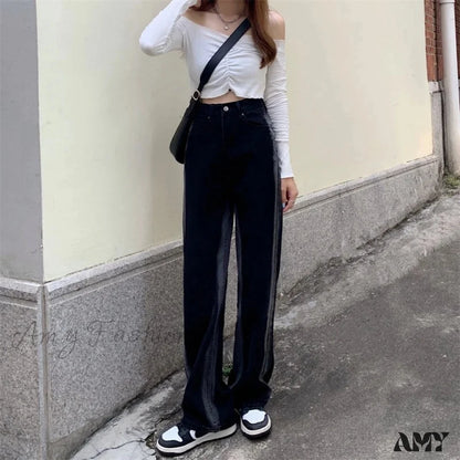 Amy Fashion - Women Pant Woman High Waist Denim Pants Wide Leg Clothing Blue Vintage Quality