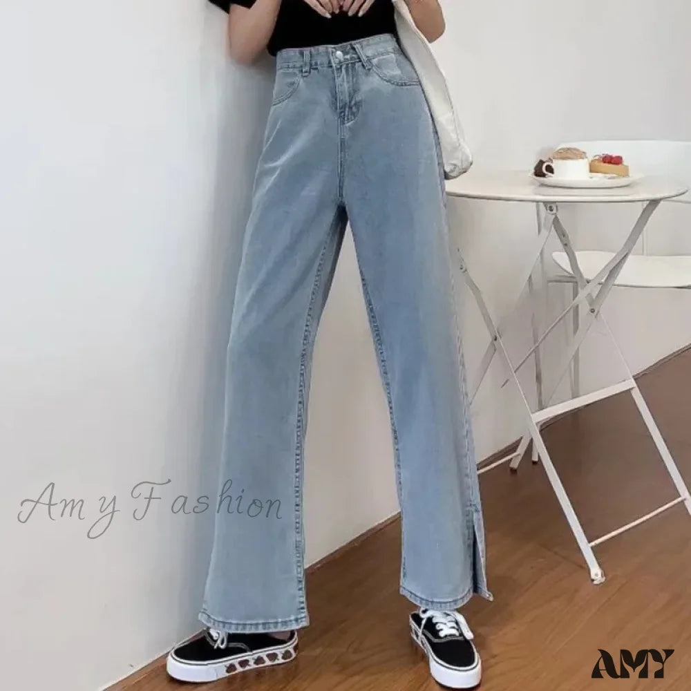 Amy Fashion - Women Pant Woman High Waist Denim Pants Wide Leg Clothing Blue Vintage Quality