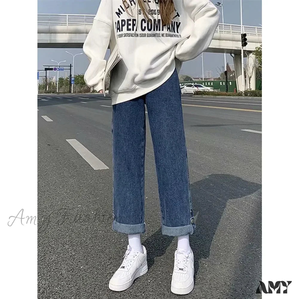 Amy Fashion - Women Pant Woman High Waist Denim Pants Wide Leg Clothing Blue Vintage Quality