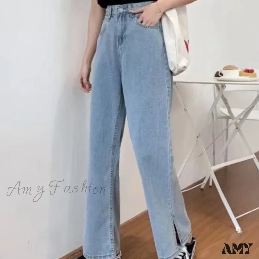 Amy Fashion - Women Pant Woman High Waist Denim Pants Wide Leg Clothing Blue Vintage Quality