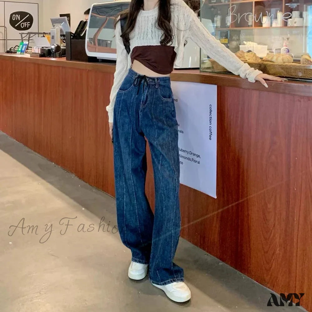 Amy Fashion - Women Pant Woman High Waist Denim Pants Wide Leg Clothing Blue Vintage Quality