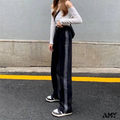 Amy Fashion - Women Pant Woman High Waist Denim Pants Wide Leg Clothing Blue Vintage Quality