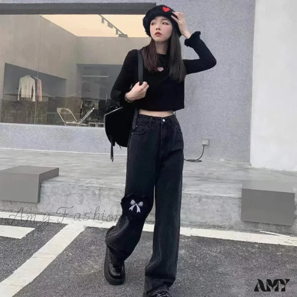 Amy Fashion - Women Pant Woman High Waist Denim Pants Wide Leg Clothing Blue Vintage Quality