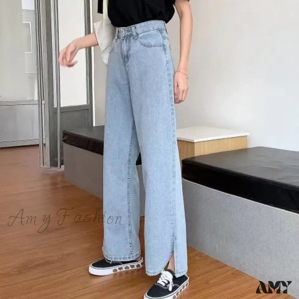 Amy Fashion - Women Pant Woman High Waist Denim Pants Wide Leg Clothing Blue Vintage Quality