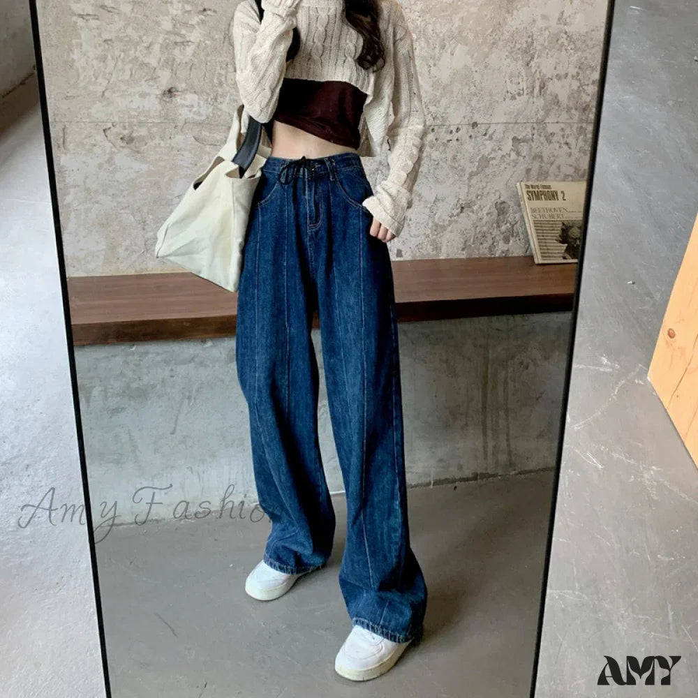 Amy Fashion - Women Pant Woman High Waist Denim Pants Wide Leg Clothing Blue Vintage Quality