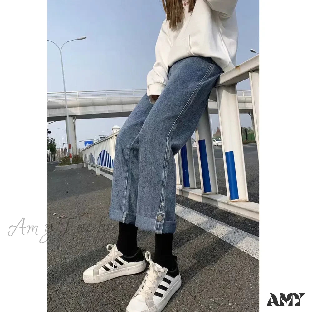 Amy Fashion - Women Pant Woman High Waist Denim Pants Wide Leg Clothing Blue Vintage Quality