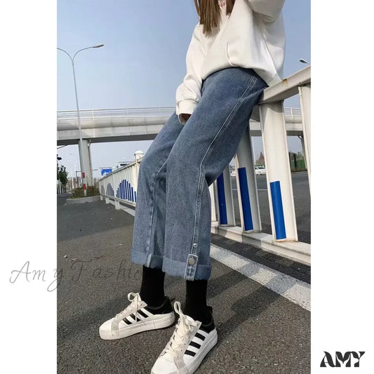 Amy Fashion - Women Pant Woman High Waist Denim Pants Wide Leg Clothing Blue Vintage Quality