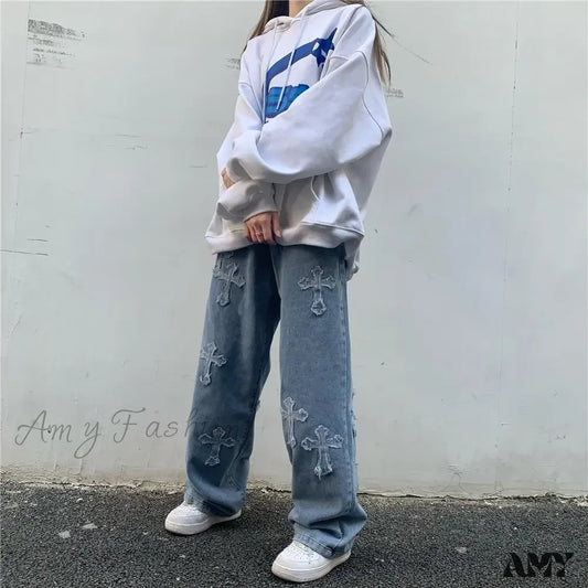 Amy Fashion - Women Pant Woman High Waist Denim Pants Wide Leg Clothing Blue Vintage Quality