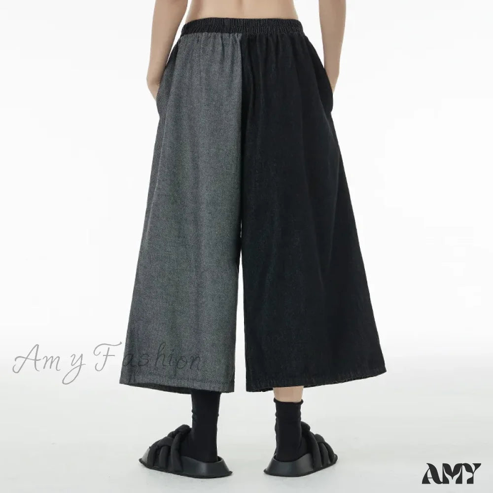 Amy Fashion - Women Patchwork Casual Denim High Elastic Waist Personality Loose Wide Leg Korea 2024