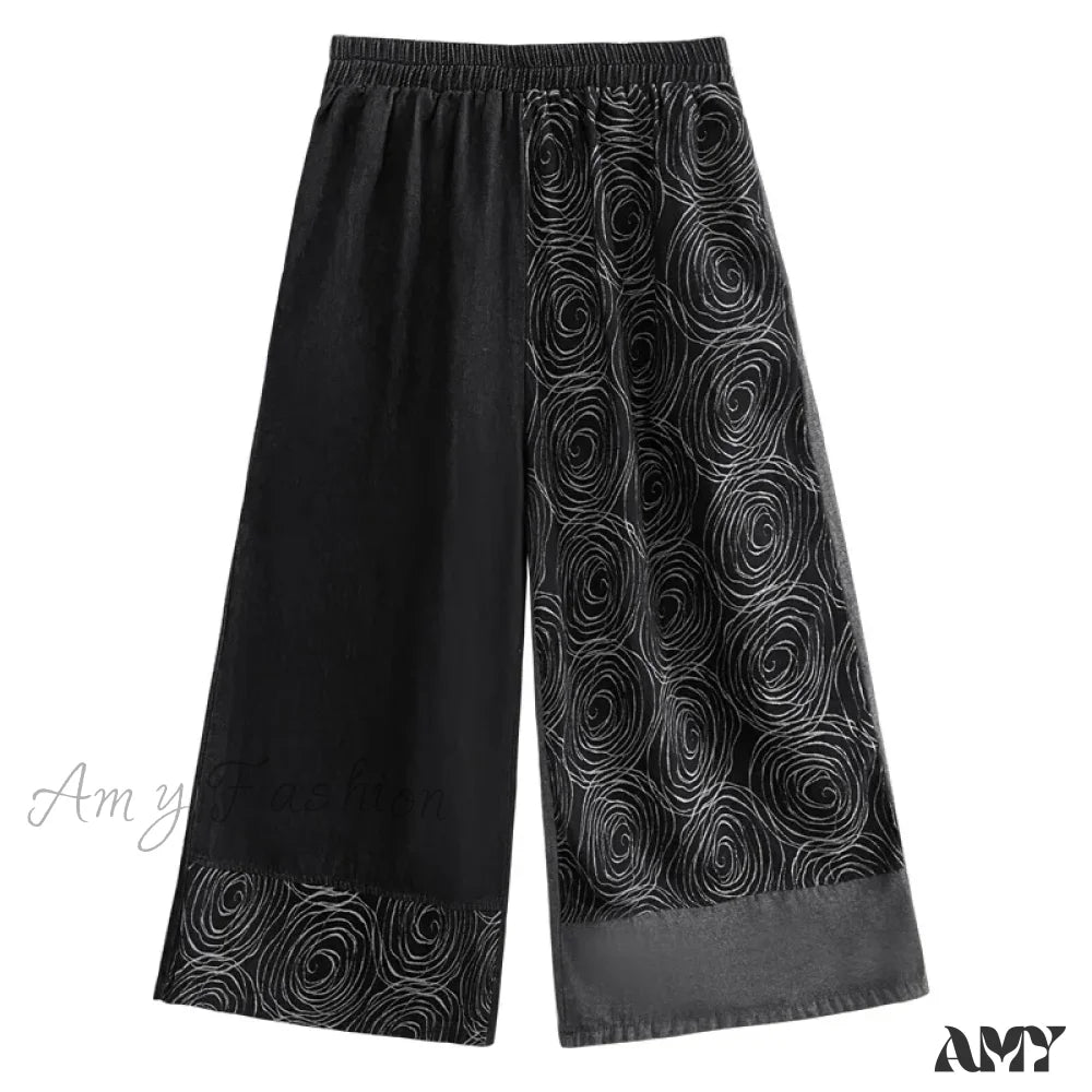 Amy Fashion - Women Patchwork Casual Denim High Elastic Waist Personality Loose Wide Leg Korea 2024