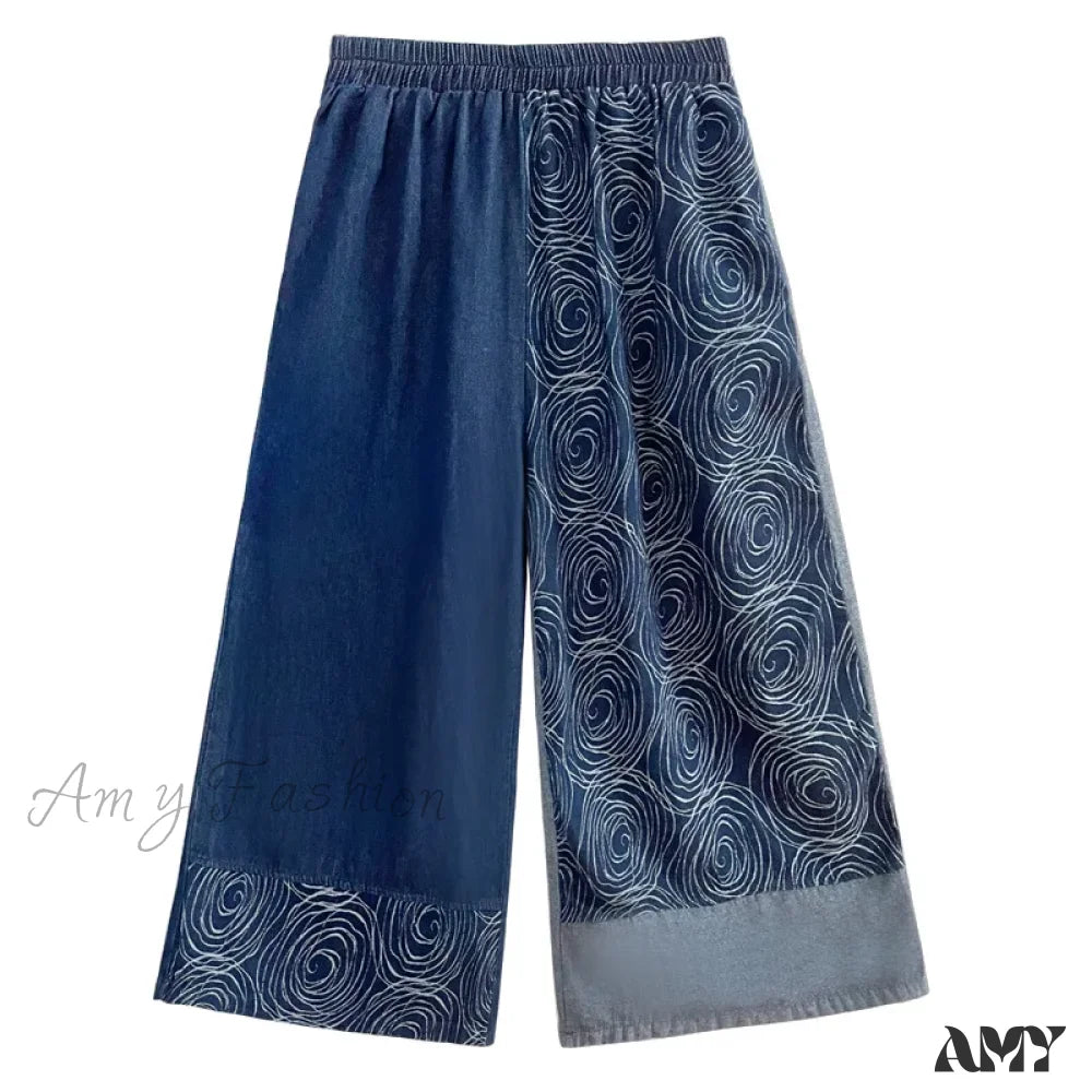 Amy Fashion - Women Patchwork Casual Denim High Elastic Waist Personality Loose Wide Leg Korea 2024