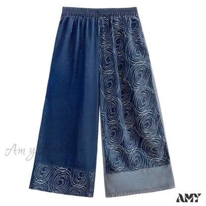 Amy Fashion - Women Patchwork Casual Denim High Elastic Waist Personality Loose Wide Leg Korea 2024