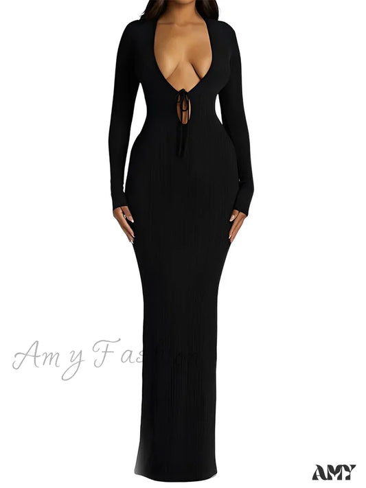 Amy Fashion - Women Ribbed Bodycon Solid Color Low-Cut V-Neck Tie-Up Sleeve Spring Autumn Party